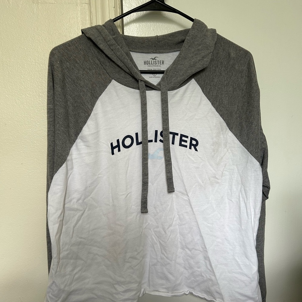 Hollister Two Toned Gray and White Hooded T-Shirt